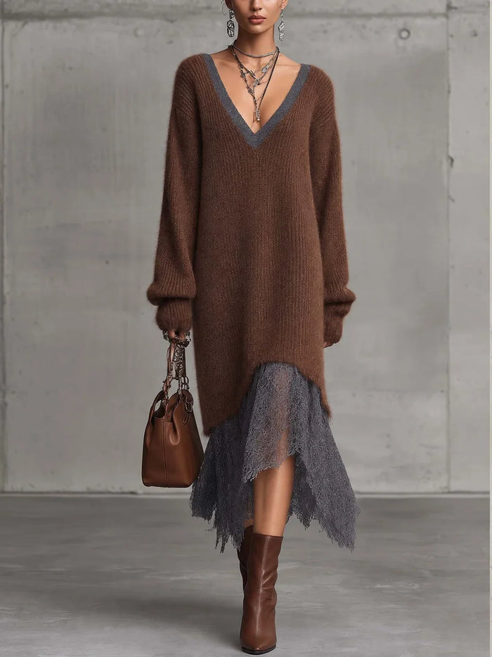 FIAMMA | Vestido midi de punto mohair marrón chocolate con bajo de encaje