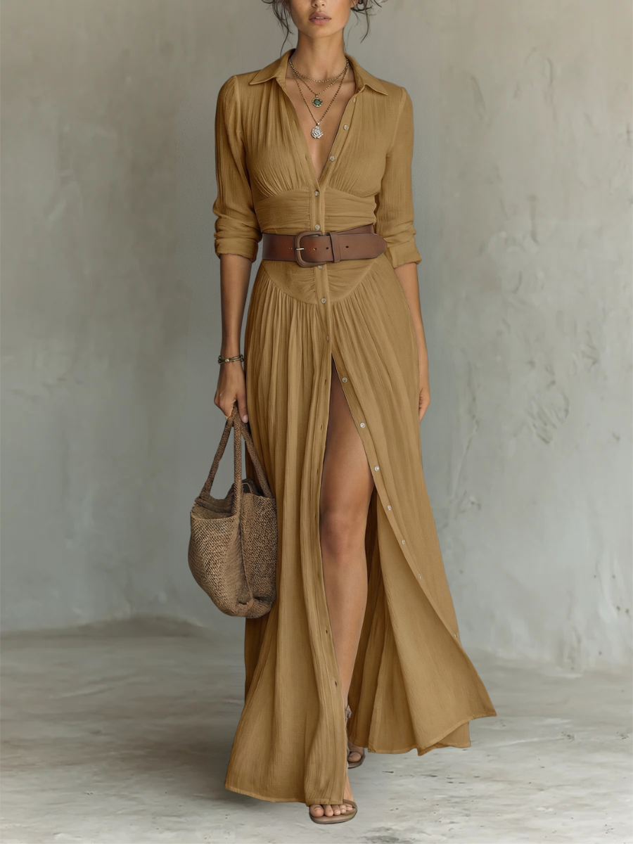 Vestido maxi largo para mujer con cuello de solapa y mangas largas de lino