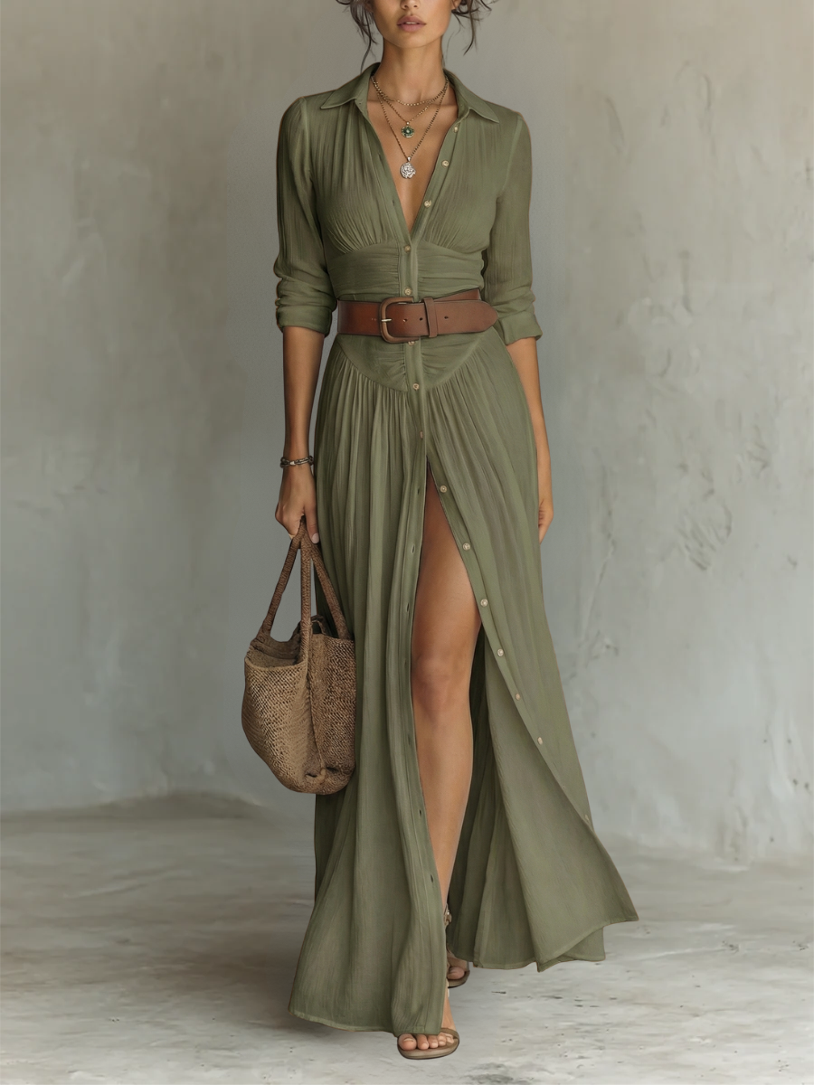 Vestido maxi largo para mujer con cuello de solapa y mangas largas de lino