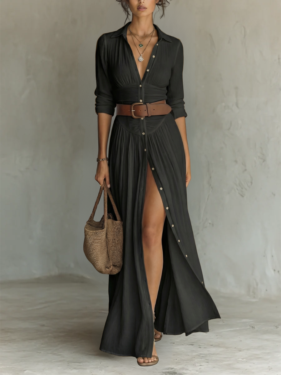 Vestido maxi largo para mujer con cuello de solapa y mangas largas de lino