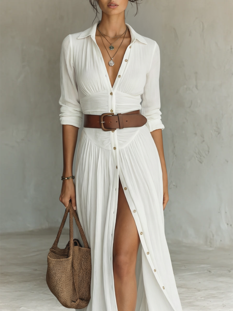 Vestido maxi largo para mujer con cuello de solapa y mangas largas de lino