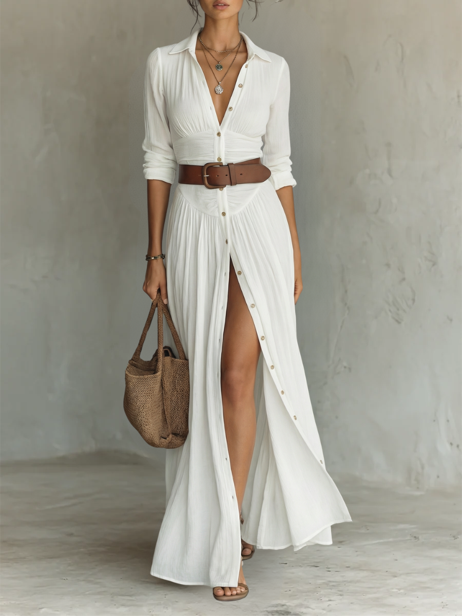 Vestido maxi largo para mujer con cuello de solapa y mangas largas de lino