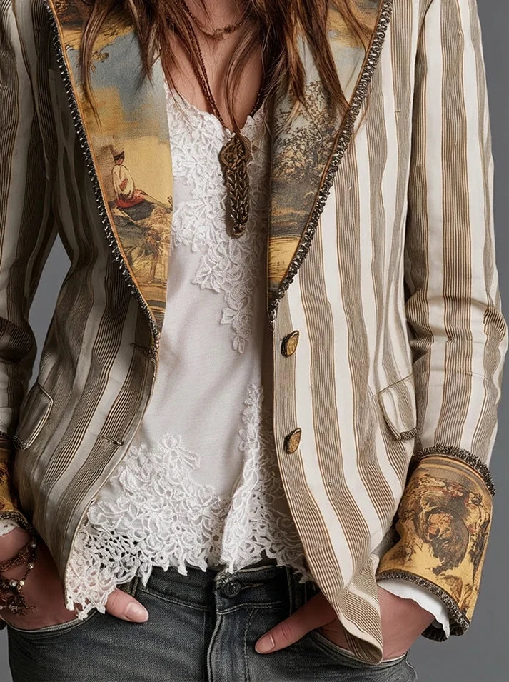 Sara | Blazer Bohemio de Rayas con Cuello Estampado