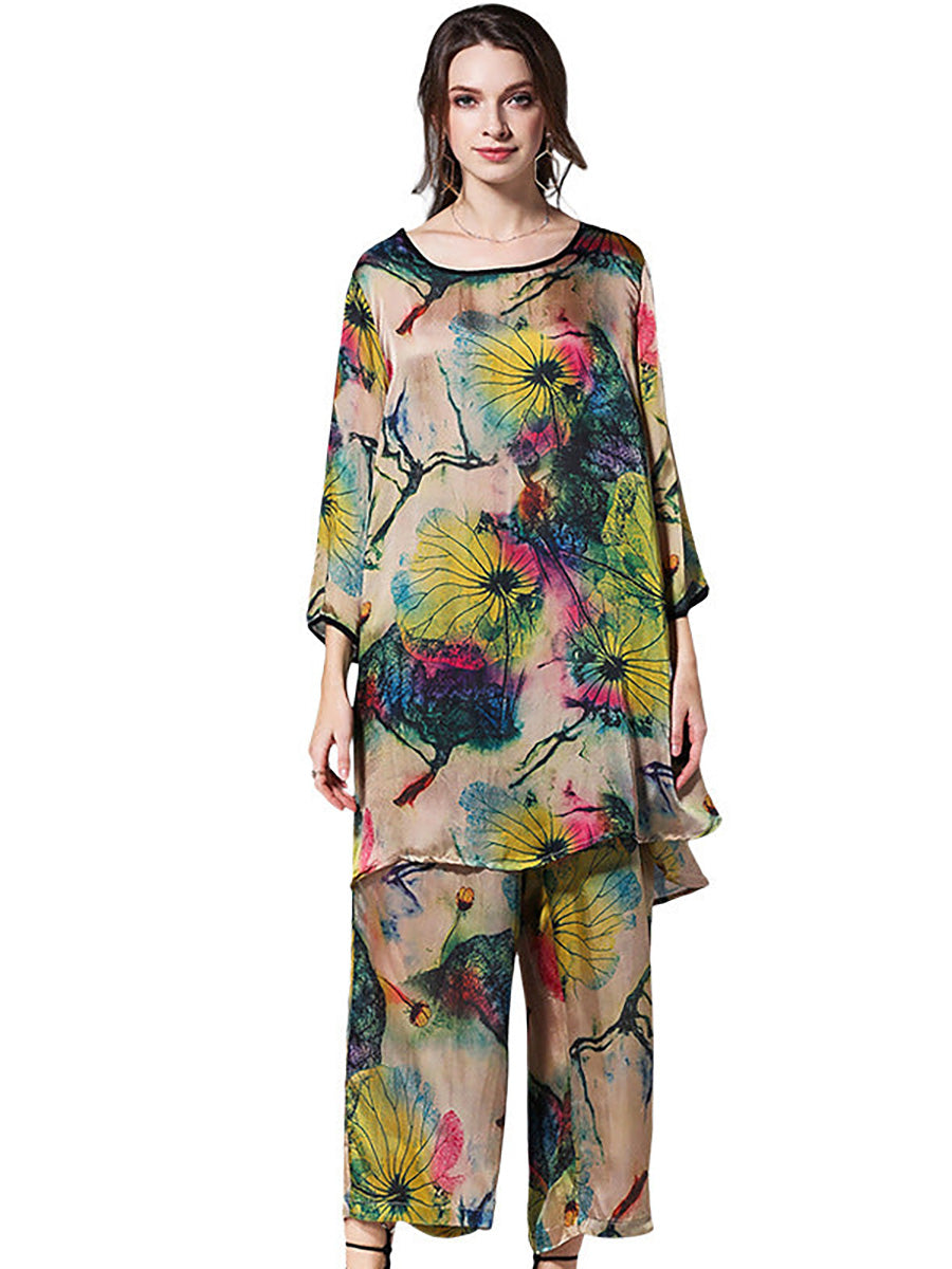 Camisa floral holgada de talla grande y pantalones anchos