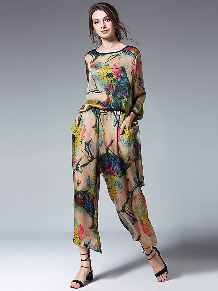 Camisa floral holgada de talla grande y pantalones anchos