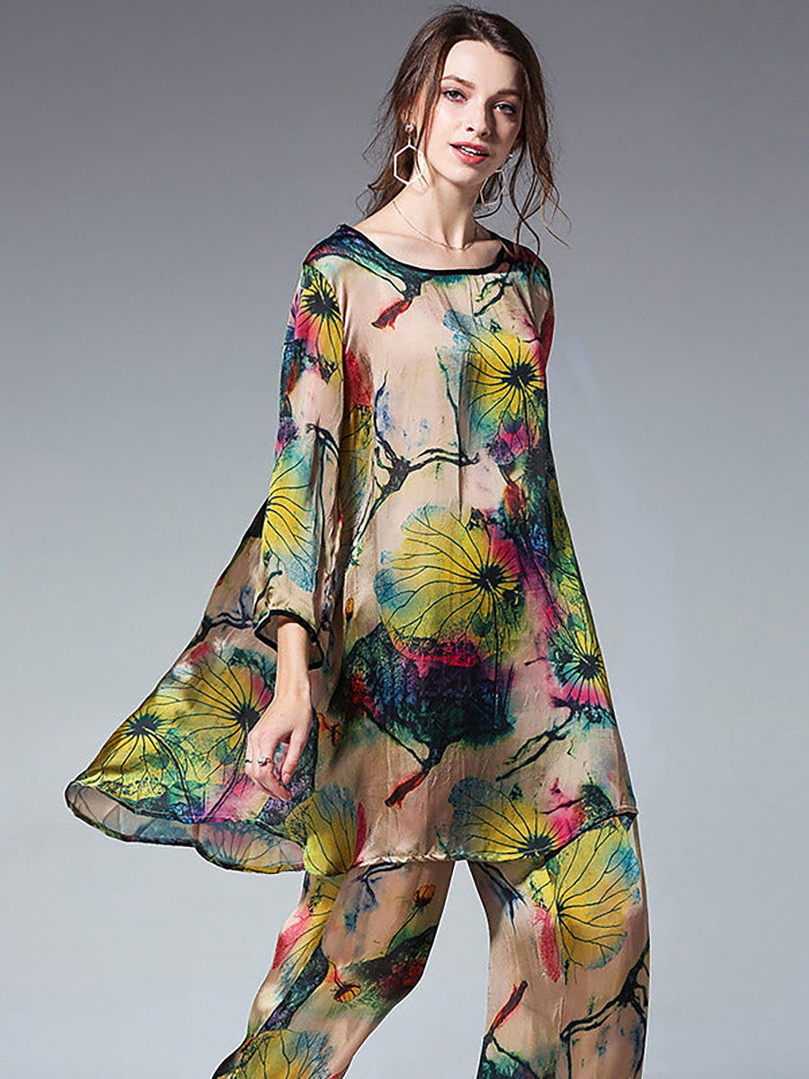 Camisa floral holgada de talla grande y pantalones anchos
