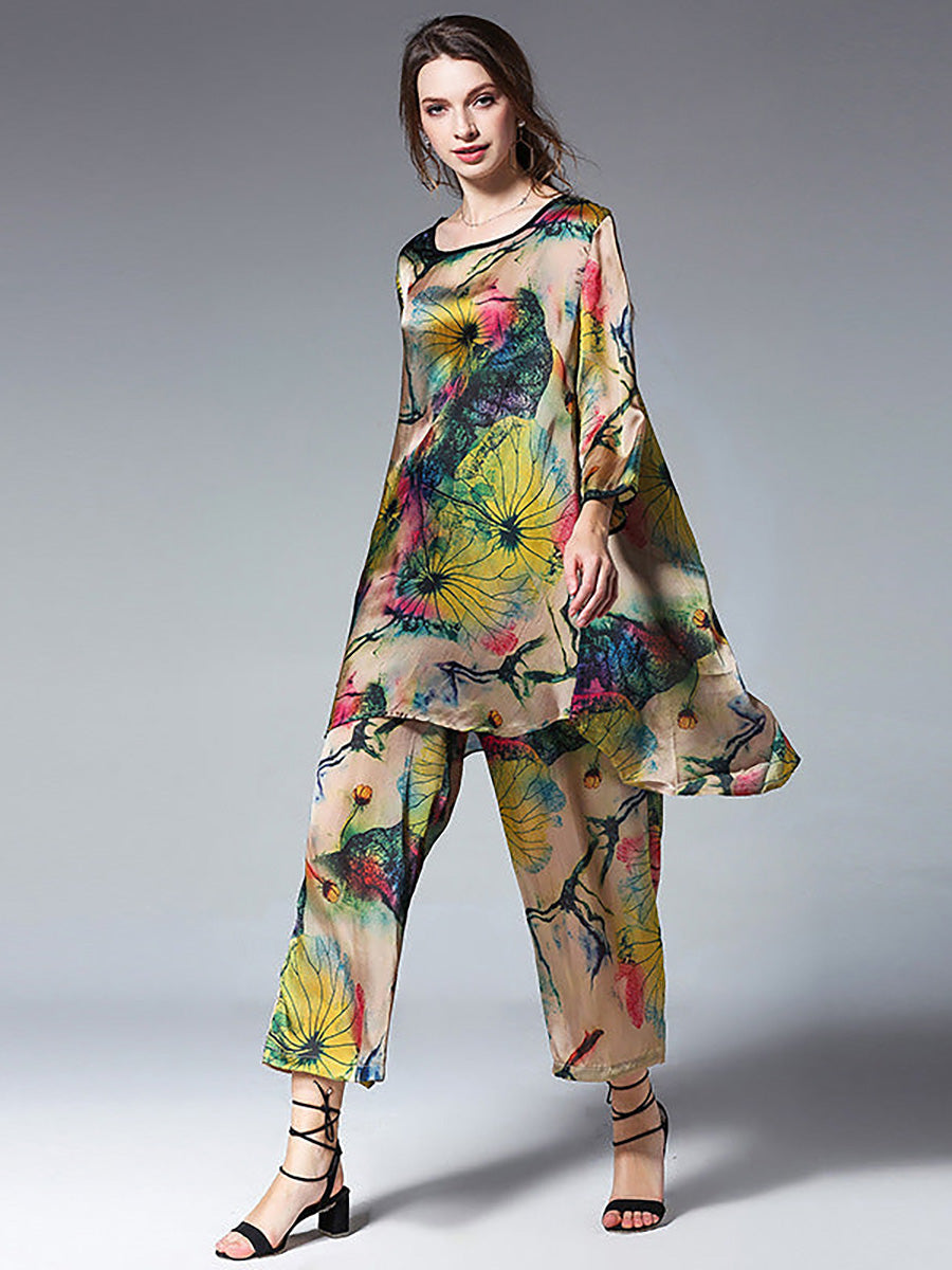 Camisa floral holgada de talla grande y pantalones anchos