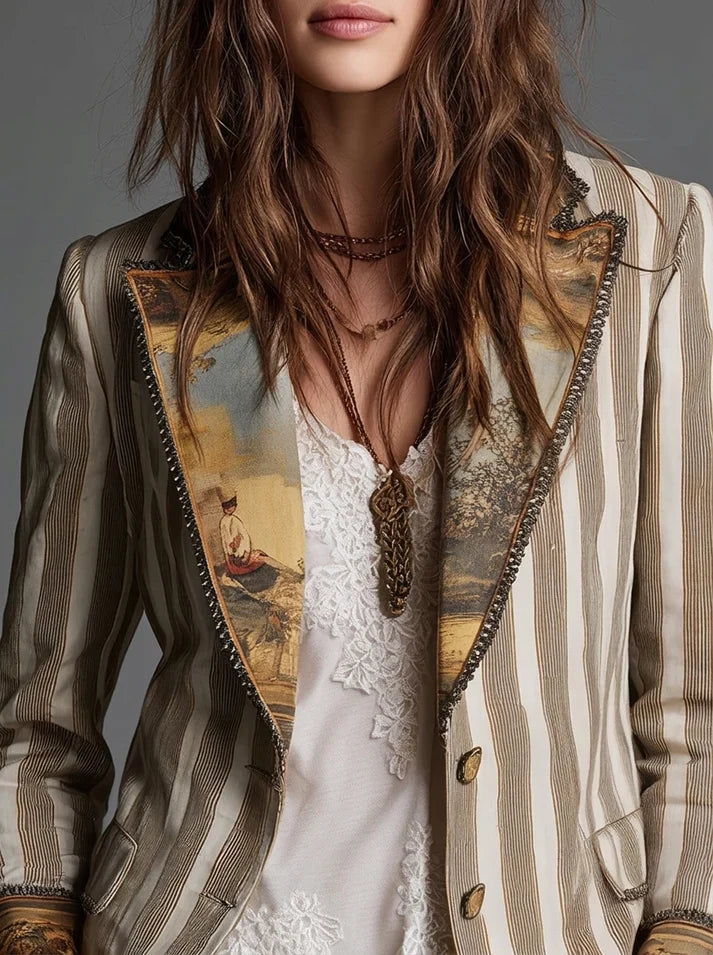 Sara | Blazer Bohemio de Rayas con Cuello Estampado