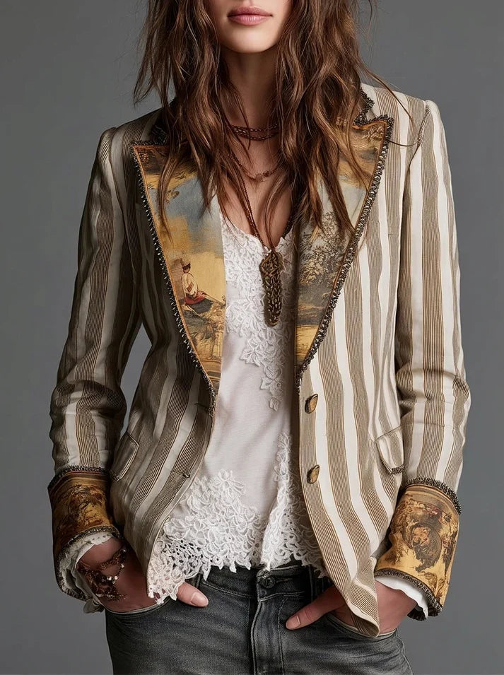 Sara | Blazer Bohemio de Rayas con Cuello Estampado