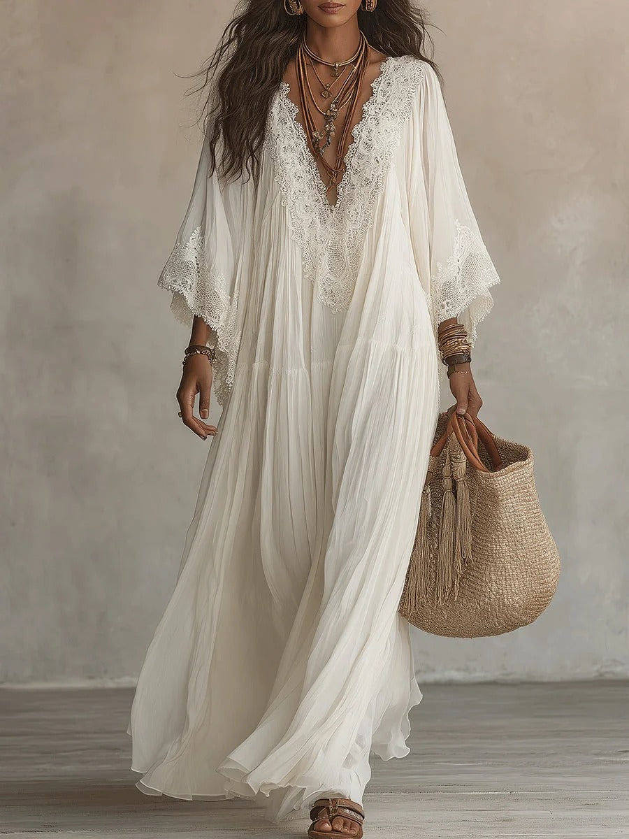 Adelaida | Vestido largo de gasa marfil con mangas murciélago y encaje blanco