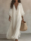 Adelaida | Vestido largo de gasa marfil con mangas murciélago y encaje blanco