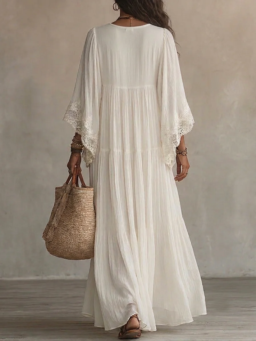 Adelaida | Vestido largo de gasa marfil con mangas murciélago y encaje blanco