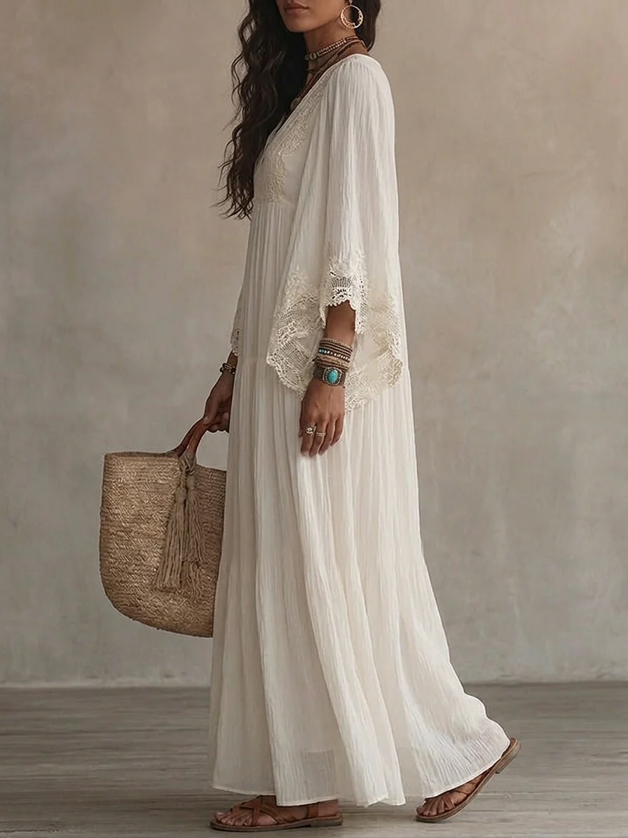 Adelaida | Vestido largo de gasa marfil con mangas murciélago y encaje blanco