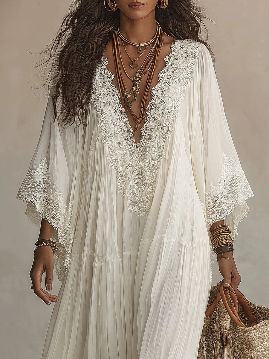 Adelaida | Vestido largo de gasa marfil con mangas murciélago y encaje blanco