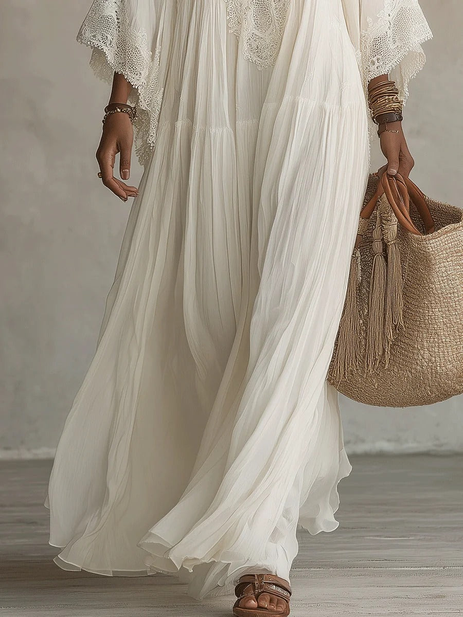 Adelaida | Vestido largo de gasa marfil con mangas murciélago y encaje blanco
